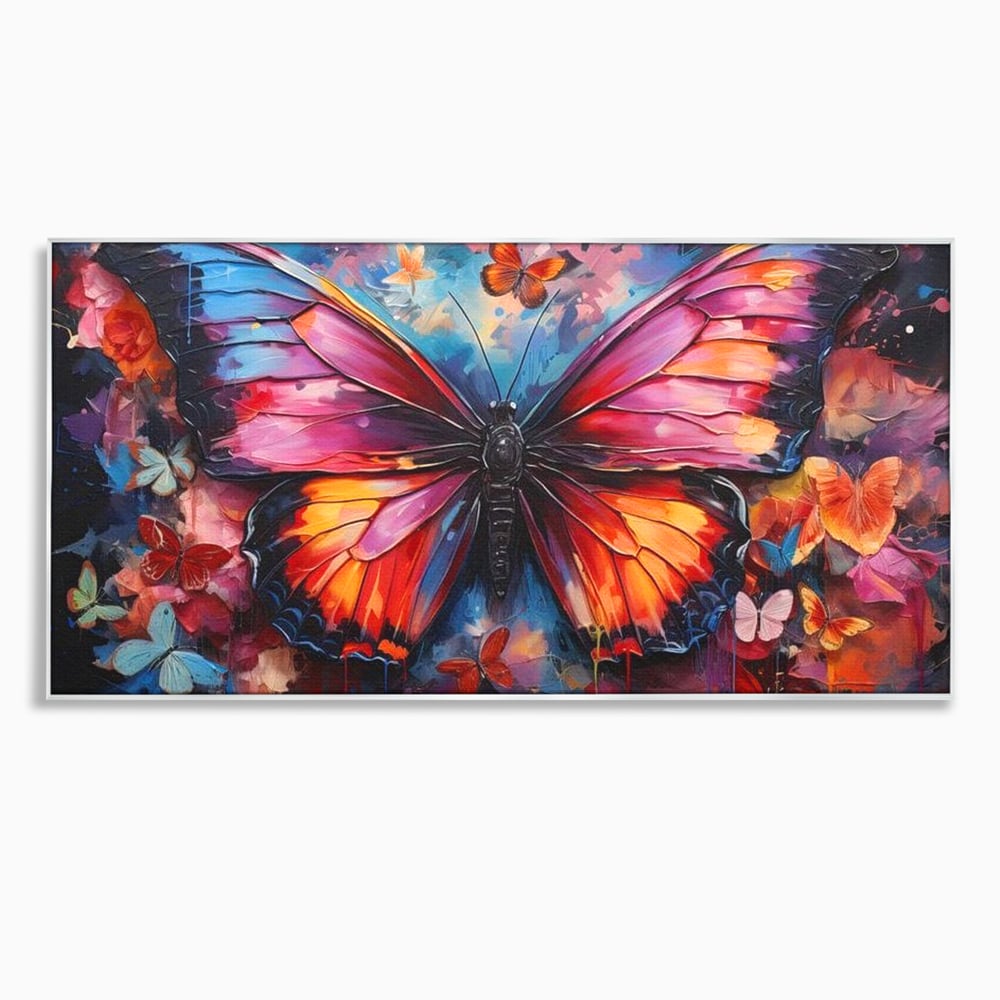 Tablou canvas cu tablou canvas cu fluture central multicolor, in rama de aluminiu argintiu